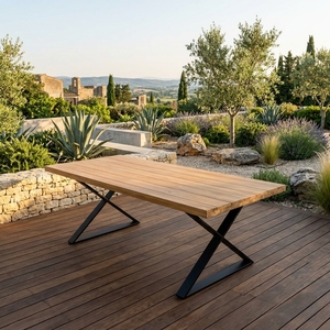Solid teak wood garden dining <b>table</b> premium outdoor wooden <b>picnic</b> desk sturdy backyard patio metal legs furniture z frame design - Product Image 4