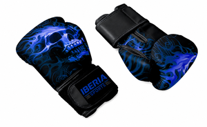 Gants de boxe IBERIA Premium noirs avec imprimé crâne flamme bleue, gants d'entraînement en cuir PU, logo personnalisé, équipement sportif en gros OEM - Product Image 4