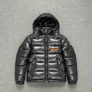 Black Hooded <b>Long</b> Puffer <b>Jacket</b> <b>Men</b> Windproof Waterproof Casual Winter Zipper Closure Front Logo Print Regular Finished Worsted - Product Image 1