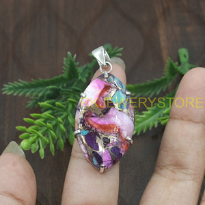Colgante de Cobre Hecho a Mano con Turquesa, Gemas Rosas, Azules y Rojas, Colgante de Plata 925, Joyería de Diseño, Incrustaciones de Mosaico Marquise - Product Image 5