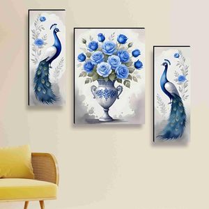 Ensemble d'art mural sur toile moderne avec paon et roses bleues, décoration contemporaine pour salon, peinture rectangulaire 3D, lot de 3 - Product Image 4
