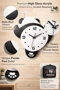Cute Modern Panda Wall <b>Clock</b> Silent Quartz Analog Hanging 8 Inch Cartoon Single Face <b>Battery</b> Powered for Kids Room Nursery - Product Image 2
