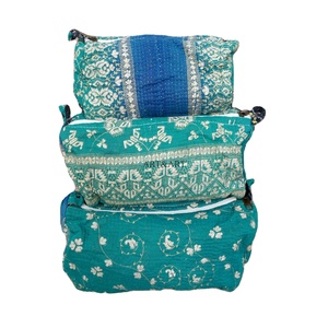 High Quality Modern Indian Kantha Patchwork Floral Cotton Lightweight 3-Piece Cosmetic for <b>Pouch</b> Bag Set Zipper Closure - Product Image 1