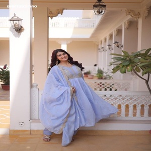 High Quality Mal Chanderi with <b>Beads</b> Embroidered Round-Flared Readymade Kurti-Pant Dupatta Collection Supplier from India - Product Image 1