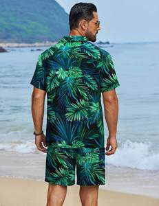 Conjunto de Camisa de Manga Corta con Botones y Pantalones Cortos a Juego con Estampado de Hojas Tropicales Azules para Hombre, Atuendo Ligero para Playa de Verano - Product Image 4