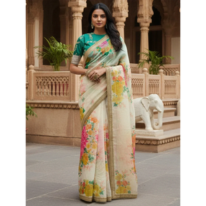 Women's Floral Printed Organza Festival Saree <b>Set</b> with Blouse Embroidery Summer - Product Image 1
