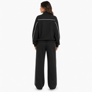 Veste zippée intégrale OEM pour femme, survêtement zippé avec passepoil contrastant, coupe décontractée, pantalon large, logo personnalisé, athleisure, vente en gros - Product Image 2