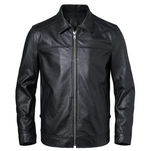 Chaquetas de Cuero Genuino para Hombre, Cuello Camisero, Cierre de Botones, Corte Ajustado Informal, Estilo Motociclista, Color Sólido, Mangas Regulares, para Otoño - Product Image 1