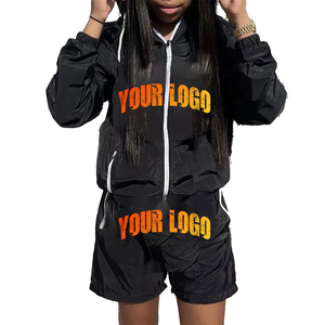 2026 Wholesale Custom Two Piece Eco-Friendly Printed <b>Windbreaker</b> <b>Black</b> Short Jacket 100% Cotton Streetwear Tracksuit Short Set - Product Image 1