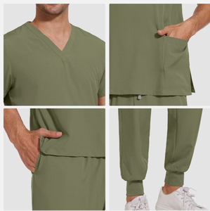 Conjunto de uniforme médico profesional para hombre, blusa con cuello en V y 2 bolsillos, y pantalones tipo jogger - Product Image 2