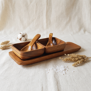 Handcrafted Acacia Wood Serving Bowl Set with <b>Tray</b> and Spoons Eco-Friendly Modern Farmhouse <b>Condiment</b> Server for Snacks - Product Image 4