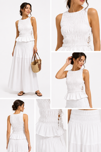 Ensemble deux pièces de qualité supérieure pour les vacances - Blouse blanche élégante à smocks avec jupe longue décontractée moderne - 100% coton - Product Image 3