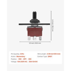 Interruttore a Levetta Momentaneo per Inversione di Polarità a 6 Pin (DC 12V/30A AC 250V/15A) - ON/OFF per Montaggio su Pannello - Product Image 2