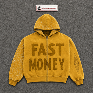 เสื้อฮู้ดพิมพ์ลาย Fast Money ผู้ชาย ไซส์ใหญ่ ซิปหน้า สตรีทแวร์ สีเหลือง ผ้าฝ้ายเฟรนช์เทอร์รี่ สไตล์ฤดูใบไม้ร่วง แขนเสื้อประดับเพชร - Product Image 5