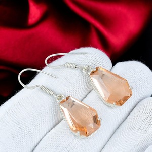 Boucles d'oreilles pendantes en Morganite, argent sterling 925, faites à la main, style bohème, pierres précieuses, rose pêche, bijoux tendance, cadeau pour femme - Product Image 1