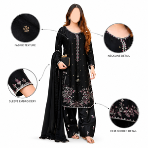 Black Embroidered Indian Pakistani Clothing Set Long Sleeve Tunica <b>Palazzo</b> <b>Pants</b> Shawl Floral Border Wear - Product Image 1