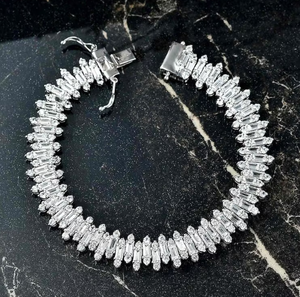 White Zircon Tennis Bracelet Rhodium Plated Brass Link <b>Bangle</b> Princess Cut Claw <b>Set</b> Jewelry for Women Gift - Product Image 4