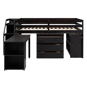 Letto a soppalco in legno Espresso con scrivania estraibile a tutta altezza e 3 cassetti, letto per bambini con scale contenitore e scaffali - Product Image 3