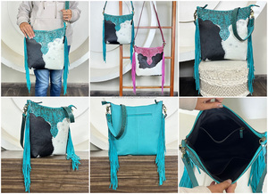 Sac bandoulière messager en cuir de vachette véritable, artisanal, tendance, de haute qualité, avec accents floraux turquoise et franges, pour femme - Product Image 3