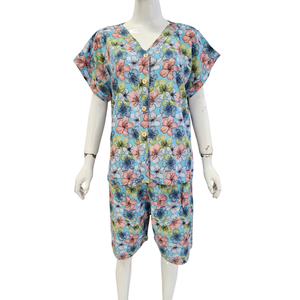 Conjunto de Pijama de Algodón con Estampado Floral para Mujer, Manga Corta, Cuello en V, Pantalones Cortos con Cordón, Ropa de Dormir Informal de Verano, Teñido Suave - Product Image 4