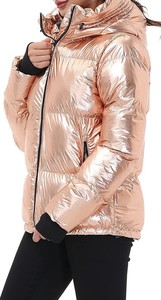 <b>Women's</b> Rose Gold Metallic Quilted Hooded Puffer Jacket Full Sleeve Winter <b>Coat</b> with Zipper Closure - Product Image 3