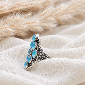 Multi Aqua Chalcedony Cluster <b>Ring</b> in Vintage 925 <b>Sterling</b> <b>Silver</b> Oxidized <b>Band</b> with Detailed Scroll Motifs Jewelry Collection - Product Image 5