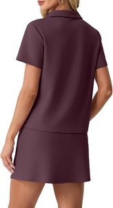 Women Purple Knitted Short Sleeve Zip Neck Drawstring Waist Scrub Dress Uniform <b>Top</b> - Product Image 3