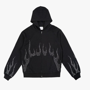 Sweat à capuche zippé personnalisé Y2K avec strass et motif flamme, coupe oversize, style streetwear, en molleton 100% coton, bleu marine et noir, avec détails métalliques - Product Image 6