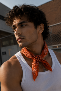 Bold <b>Orange</b> Cotton <b>Bandana</b> for Men and Women, Unisex Paisley Head Scarf for Everyday Streetwear, Travel, Festival and Daily Wear - Product Image 5