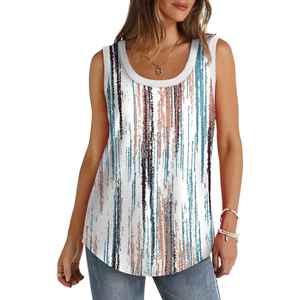 Women's Summer Tank Tops Loose Sleeve V-neck Curved Hem Knitted Fabric Ribbed <b>Trim</b> <b>Beading</b> Decoration Lightweight Cotton Lace - Product Image 1