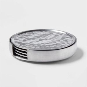 Hammered Metal Coaster Set with Holder Luxury Stainless Steel Round Table Coasters for Drinks Modern Kitchen <b>Bar</b> Decor 4pc <b>Mat</b> - Product Image 1