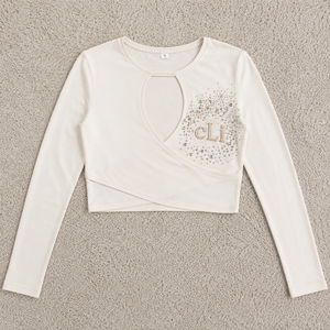 Nouvelle chemise tendance pour femme avec motif en strass, découpe sur le devant, manches longues, crop top blanc, dos croisé, chemisier en coton personnalisé DTG - Product Image 4