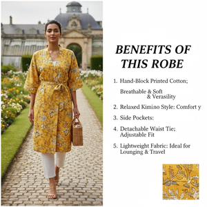 Robe kimono en coton à imprimé floral jaune pour femmes, col en V, manches longues, longueur longue, vêtements de nuit confortables, robe avec cordon de serrage fixe - Product Image 2