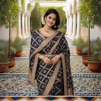 Sari en soie bleu marine Bandhani avec broderie Zari dorée, élégant, longueur genou, pour femme, idéal pour mariage/fête/Diwali, coupe classique