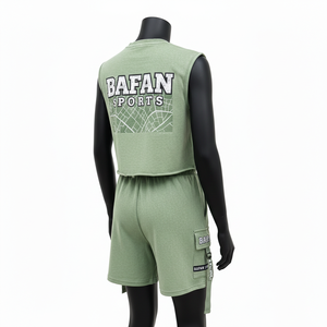 ชุดเสื้อยืดแขนกุดและกางเกงขาสั้นผู้หญิง ผ้าฝ้าย 100% พรีเมียม ผสมผสานผ้าฝ้ายอย่างดี สีเขียวมะกอก พิมพ์ลายโลโก้ - Product Image 5