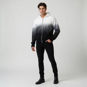Sweat à capuche zippé en molleton de coton épais, style streetwear, avec strass personnalisés, manches côtelées brutes et vieillies, effet dégradé teint par immersion - Product Image 2