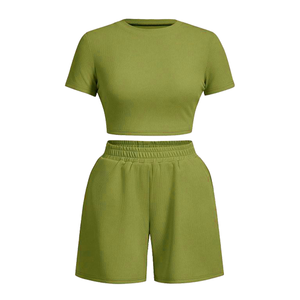 Conjunto de Ropa de Verano de 2 Piezas para Mujer, Elegante, Cómodo y Transpirable, Top de Punto Informal con Shorts, Diseño Sólido, Corte Ajustado - Product Image 6