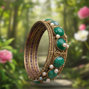 Antique Ruby Kemp Style Cuff <b>Bangles</b>-Classic Brass & <b>Copper</b> Jewelry with Jade Pearl & Agate - Product Image 3