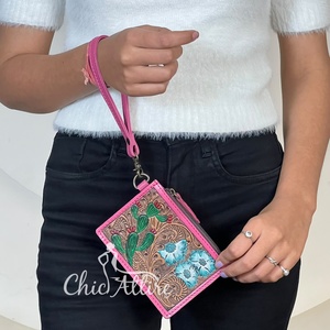 Portefeuille élégant pour femme en cuir véritable, motif floral et cactus, style western, porte-cartes ATM et de crédit, idéal pour le shopping - Collection 2026 - Product Image 1