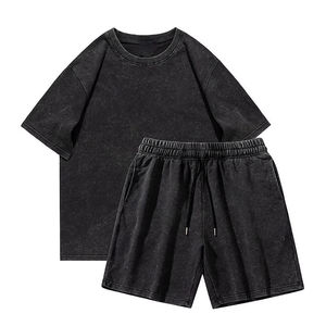 Custom 100%Cotton <b>drop</b> shoulder <b>acid</b> washed vintage activewear t-shirts and shorts sun faded training wear men's sets two pieces - Product Image 1