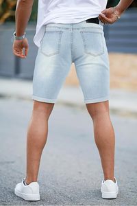 Shorts en jean déchiré bleu clair pour homme, taille mi-haute, style décontracté d'été, en coton vieilli, coupe droite - Product Image 4