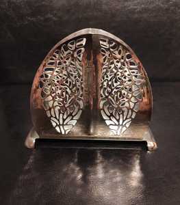 Vintage Metal Napkin Holder Stand <b>Semi</b>-<b>Circle</b> Filigree Design Silver Lace <b>Table</b> Decor Party Use Durable - Product Image 1