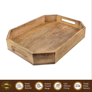 Elegante mesa de comedor de madera de mango natural de color quemado, hecha a mano, con bandeja para servir comida, de un exportador indio. - Product Image 4