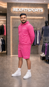 Ensemble de survêtement rose à capuche pour homme REXFITSPORTS, manches longues, fermeture éclair, short léger en polyester, vêtements de sport décontractés pour l'été - Product Image 4