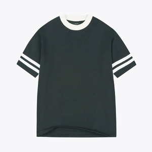 T-shirt en coton noir pour homme, manches courtes, col rond, coupe ample décontractée, longueur normale, couleur unie, bordure contrastée, tissu tricoté - Product Image 1