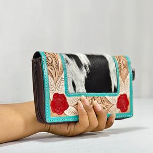 Portefeuille en cuir véritable fait main avec patch en cuir de vachette, gaufrage floral, fermeture éclair, style bohème, portefeuille court pour femme, usage quotidien - Product Image 3