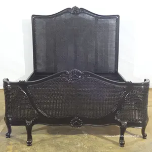 Rococo Rattan Bed From Mahogany Wood and Cane Designed for French Style Bedroom Furniture and Classic European Home