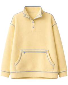 Sudadera de forro polar extragrande para mujer, amarillo mantequilla, con cuello de botón a cuarto, bolsillo canguro, ribetes en contraste, de tejido grueso y personalizada - Product Image 1