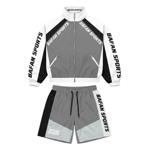 Mens premium 120 GSM polyester windbreaker short set <b>grey</b> white black panel design heat transfer logo plus size - Product Image 1