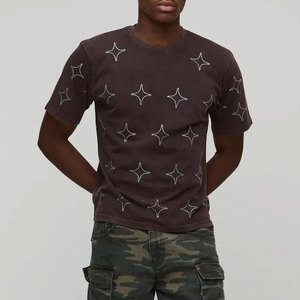 Men's Dark Brown Short Sleeve O-Neck T-<b>Shirt</b> With White <b>Star</b> Pattern Regular Fit Casual Jersey Cotton Rhinestone T-<b>Shirt</b> - Product Image 1